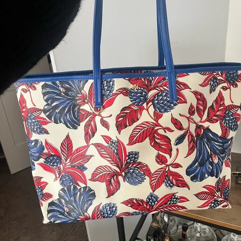 Floral Tote Bag with Blue and Red Accents